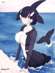  1girl artist_name bangs black_hair blush colalrbone commentary_request dolphin_tail dress frilled_dress frills hair_over_one_eye head_fins in_water kemono_friends long_sleeves looking_at_viewer multicolored_hair niwatori_kokezou orca_(kemono_friends) short_hair solo tail two-tone_hair water white_hair yellow_eyes 