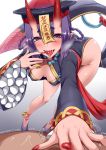  1girl :d ass bell blush braid breasts cleavage covered_nipples darkmaya drooling eyebrows_visible_through_hair eyeliner fangs fate/grand_order fate_(series) hair_between_eyes hat hikimayu horns jiangshi long_hair looking_at_viewer makeup oni open_mouth pointy_ears pov purple_eyes purple_hair red_nails sailor_collar shuten_douji_(onmyoji) smile solo_focus tongue tongue_out trembling 