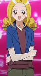  1girl 2015 :d ahoge artist_request blonde_hair blue_jacket brown_eyes casual collarbone denim dutch_angle eyebrows female happy holding_arm jacket jeans long_hair looking_at_viewer ojamajo_doremi open_mouth pants short_sleeves smile solo tamaki_reika 