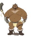  2019 anthro armor barazoku beard biceps boots bulge clothing dramamine ear_piercing facial_hair footwear hi_res loincloth looking_at_viewer male mammal melee_weapon muscular muscular_male navel nipples pecs piercing simple_background solo standing ursid weapon white_background 