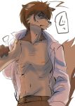  anthro bottomwear brown_fur canid canine canis clothed clothing domestic_dog fur gaku_kodori mammal morenatsu multicolored_fur navel nipples open_shirt simple_background solo_focus topwear two_tone_fur white_background yu_chi_i 