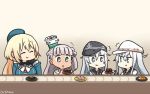  /\/\/\ 4girls anchor_symbol atago_(kantai_collection) beret black_gloves blonde_hair blue_eyes blue_headwear blush breasts closed_eyes closed_mouth commentary_request conveyor_belt_sushi dress dual_persona eating eyebrows_visible_through_hair flat_cap food gloves gradient gradient_background green_eyes hair_ribbon hammer_and_sickle hamu_koutarou hat headgear hibiki_(kantai_collection) highres kantai_collection large_breasts long_hair long_sleeves looking_at_viewer maestrale_(kantai_collection) military military_uniform multiple_girls open_mouth peaked_cap remodel_(kantai_collection) ribbon sailor_collar sailor_dress school_uniform serafuku silver_hair smile star sushi uniform verniy_(kantai_collection) white_dress white_headwear 
