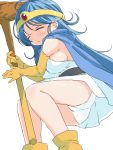  1girl ass blue_hair cape circlet closed_eyes dragon_quest dragon_quest_iii elbow_gloves gloves holding holding_staff lying naitou_kouse on_side panties pantyshot pantyshot_(lying) sage_(dq3) sleeping solo staff underwear white_background white_panties yellow_gloves 