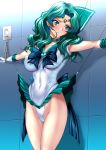  1girl bishoujo_senshi_sailor_moon chair choker elbow_gloves gloves green_choker green_eyes green_hair green_sailor_collar green_skirt highleg highleg_leotard hook kaiou_michiru leotard outer_senshi pleated_skirt restrained sailor_collar sailor_neptune sailor_senshi_uniform sen_(sansui) skirt skirt_lift solo star star_choker tiara wavy_hair white_leotard 