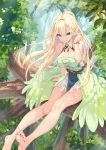  1girl arm_support bangs bare_shoulders barefoot belt blonde_hair blue_eyes blush bracelet breasts buckle cleavage cleavage_cutout day dress elf eyebrows_visible_through_hair floating_hair hand_up highres hinoki_yuu jewelry large_breasts long_hair looking_at_viewer original outdoors pointy_ears ponytail sidelocks sitting smile solo sunlight tree very_long_hair wind 