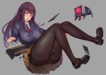  1girl absurdres bangs black_legwear blush breasts bullet bullpup censored ctrlz77 dinergate_(girls_frontline) girls_frontline grey_background gun highres large_breasts loafers long_hair looking_at_viewer mosaic_censoring necktie open_mouth pantyhose purple_hair red_eyes rifle sangvis_ferri shoes simple_background sniper_rifle solo teeth thighband_pantyhose wa2000_(girls_frontline) walther walther_wa_2000 weapon 