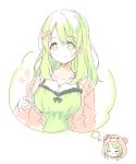  1girl =_= animal_ears animal_hood bangs bear_ears bear_hood blush blush_stickers bow braid breasts camisole chibi cleavage closed_eyes closed_mouth collarbone eyebrows_visible_through_hair fake_animal_ears fang fang_out fingernails green_camisole green_eyes green_hair hair_between_eyes hair_bow hood hood_up imagining jacket jewelry long_hair long_sleeves medium_breasts meito_(maze) morinaka_kazaki necklace nijisanji off_shoulder open_clothes open_jacket pink_bow pink_jacket sleeves_past_wrists smile solo_focus v-shaped_eyebrows virtual_youtuber white_background 