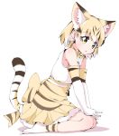  1girl animal_ear_fluff animal_ears animal_print back_bow bare_shoulders blonde_hair bow bowtie brown_hair cat_ears cat_print cat_tail commentary elbow_gloves extra_ears eyebrows_visible_through_hair frilled_skirt frills gloves hands_on_own_knees high-waist_skirt highres kemono_friends kneeling multicolored_hair no_shoes pleated_skirt print_gloves print_legwear print_neckwear print_skirt sand_cat_(kemono_friends) seiza short_hair sitting skirt sleeveless socks solo tail user_cpfg3235 white_hair yellow_eyes 