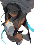  1girl absurdres amrkdrw armpits arms_up bare_shoulders black_hair blue_eyes blue_hair breasts closed_mouth dark_skin highres long_hair looking_at_viewer multicolored_hair navel pokemon pokemon_(game) pokemon_swsh rurina_(pokemon) shirt_lift shorts simple_background small_breasts solo sports_bra white_background 