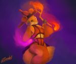  2019 abstract_background absurd_res ambiguous_gender anthro bodysuit bottomwear canid canine clothed clothing costume delphox detailed digital_media_(artwork) eyebrows eyeshadow female fire fireball fur hat headgear headwear hi_res inner_ear_fluff looking_at_viewer magic magic_user makeup mammal nintendo orange_fur orange_nose pok&eacute;mon pok&eacute;mon_(species) purple_background red_eyes simple_background skinsuit skirt smile solo standing tan_fur tight_clothing video_games whiskers will-o-wisp witch_hat yellow_fur zimabel 