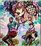  1girl 2boys animal_print argyle argyle_sweater ashiya_kouhei black_eyes black_lipstick boots choker colosseum diavolo green_eyes guido_mista gun handgun hat highres jojo_no_kimyou_na_bouken jojo_pose kimi_no_na_wa. lipstick long_hair makeup marker_(medium) midriff multiple_boys parody pink_hair pink_nails pistol pose revolver shikishi short_hair signature skirt stamp sweat sweater tiger_print traditional_media translated trish_una undressing vento_aureo weapon 