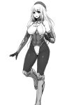  1girl atago_(kantai_collection) black_gloves blonde_hair bodysuit breasts gloves hat ishimiso_(ishimura) kantai_collection leotard monochrome simple_background skin_tight thighhighs white_background 