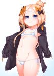  1girl abigail_williams_(fate/grand_order) bangs bikini black_bow black_jacket blonde_hair blue_eyes blush bow breasts closed_mouth collarbone fate/grand_order fate_(series) forehead hair_bun highres jacket kirisame_mia long_hair long_sleeves looking_at_viewer micro_bikini navel open_clothes open_jacket orange_bow parted_bangs sleeves_past_fingers sleeves_past_wrists small_breasts smile solo swimsuit thighs white_background white_bikini 