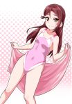  1girl blush breasts collarbone commentary_request covered_navel hair_ornament hairclip half_updo halftone halftone_background holding holding_towel long_hair looking_at_viewer love_live! love_live!_sunshine!! one-piece_swimsuit outline pink_background pink_swimsuit red_hair sakurauchi_riko small_breasts smile solo swimsuit towel white_outline yellow_eyes yopparai_oni 