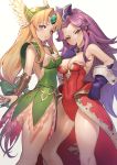  2girls angela_(seiken_densetsu_3) ass asymmetrical_docking bangs bare_shoulders blonde_hair blush bow breast_press breasts bridal_gauntlets cleavage closed_mouth dress earrings elbow_gloves finger_to_mouth forehead_jewel frilled_dress frills gloves green_bow green_dress green_eyes hair_bow hand_on_hip highres jewelry leotard long_hair looking_at_viewer low-tied_long_hair medium_breasts multiple_girls parted_bangs parted_lips pauldrons pointy_ears purple_eyes purple_gloves purple_hair pyz_(cath_x_tech) red_leotard riesz seiken_densetsu seiken_densetsu_3 short_dress shoulder_armor sidelocks simple_background standing strapless strapless_dress strapless_leotard thighs v-shaped_eyebrows waist_cape white_background 