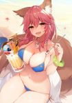  1girl animal_ear_fluff animal_ears bangs bare_shoulders beach bikini blue_bikini blush breasts cleavage commentary_request covered_nipples day eyebrows_visible_through_hair fang fate/grand_order fate_(series) fox_ears fox_tail highres holding innertube large_breasts long_hair looking_at_viewer muryotaro navel outdoors pink_hair sand side-tie_bikini sidelocks sitting skin_fang skindentation smile solo stomach swimsuit tail tamamo_(fate)_(all) tamamo_no_mae_(fate) tamamo_no_mae_(swimsuit_lancer)_(fate) thighs towel yellow_eyes 