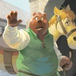  1:1 2019 anthro brown_fur clothing detailed_background dogtanian_and_the_three_muskehounds duo equid equine feral fur horse humanoid_hands male mammal outside overweight overweight_male planchet_(muskehounds) shirt topwear ursid weremagnus 