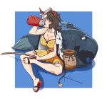  1girl animal_ears animal_print artist_request bikini_top black_hair blue_background breasts canteen cleavage collarbone cow_ears cow_print cow_tail drinking dunkleosteus fish fishing fishing_rod frilled_shorts frills grey_hair haori horns japanese_clothes jug large_breasts looking_at_viewer midriff multicolored multicolored_background multicolored_hair navel oni_horns prehistoric_animal red_eyes red_horns sandals shorts sitting solo tail touhou two-tone_hair ushizaki_urumi white_background yellow_bikini_top yellow_shorts 