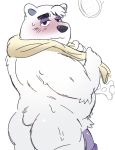  2019 aggressive_retsuko anthro bathing belly blush butt fur loneliestbara male mammal overweight overweight_male penis polar_bear sanrio shirota simple_background solo towel ursid ursine white_background white_fur 