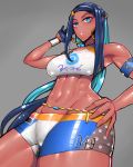  1girl absurdres belt blue_eyes blue_gloves blue_hair braid breasts dark_skin earrings gloves grey_background hand_on_hip highres jewelry long_hair looking_at_viewer midriff navel open_mouth pokemon pokemon_(game) pokemon_swsh rurina_(pokemon) shorts simple_background single_braid solo very_long_hair wolffeld 