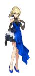  1girl absurdres ahoge alternate_costume anklet arm_at_side artoria_pendragon_(all) bare_shoulders black_gloves blonde_hair blue_dress blue_eyes braid dress elbow_gloves eyebrows_visible_through_hair fate/extella fate/extella_link fate/extra fate/stay_night fate_(series) full_body gloves hair_between_eyes hair_ribbon halter_top halterneck high_heels highres jewelry looking_at_viewer official_art ribbon saber short_hair simple_background solo wada_aruko white_background 