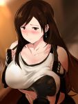  1girl bare_shoulders black_gloves black_skirt black_tank_top blush breast_grab breasts brown_eyes brown_hair cafekun clenched_hands closed_mouth collarbone commentary_request earrings elbow_gloves final_fantasy final_fantasy_vii final_fantasy_vii_remake fingerless_gloves from_above gloves grabbing highres jewelry large_breasts long_hair midriff miniskirt shirt skirt suspender_skirt suspenders tank_top taut_clothes taut_shirt tifa_lockhart white_tank_top 