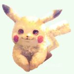  blush brown_eyes commentary_request copyright_name detective_pikachu_(movie) gen_1_pokemon green_background hairy_pikachu highres looking_at_viewer no_humans pikachu pokemon pokemon_(creature) satomatoma simple_background smile upper_body 