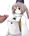  1boy 1girl ? blush breasts censored commentary_request eyebrows_visible_through_hair grey_eyes grey_hair han_(jackpot) hat large_breasts long_sleeves looking_at_penis male_masturbation masturbation mononobe_no_futo mosaic_censoring motion_lines open_mouth out_of_frame penis_awe ponytail precum short_hair simple_background solo_focus sweat tate_eboshi touhou upper_body white_background 