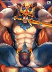  2019 abs anthro anthrofied armor biceps blue_clothing blue_fur blue_tail blue_underwear body_hair bulge canid cheetahpaws clothed clothing digital_media_(artwork) fangs fur happy_trail headgear helmet hi_res legendary_pok&eacute;mon looking_at_viewer male mammal melee_weapon mouth_hold multicolored_fur muscular muscular_male nintendo nipples object_in_mouth patreon pecs pink_nipples pink_nose pok&eacute;mon pok&eacute;mon_(species) pok&eacute;morph solo sword teeth thong topless two_tone_fur underwear video_games weapon whiskers white_fur yellow_eyes zacian 