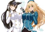  2girls animal_ears atago_(azur_lane) atago_(kantai_collection) azur_lane beret black_gloves black_hair black_legwear blonde_hair blue_headwear blush breasts brown_eyes closed_mouth crossover eyebrows_visible_through_hair gloves green_eyes hair_between_eyes hair_ribbon hat kantai_collection kuga_zankurou large_breasts long_hair military military_uniform miniskirt multiple_girls namesake open_mouth ribbon skirt smile uniform white_gloves white_ribbon 