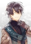  1boy ahoge black_hair closed_eyes coat gloves grin kazutake_hazano lawrence_(shiro_seijo_to_kuro_bokushi) male_focus scarf shiro_seijo_to_kuro_bokushi smile solo 