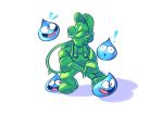  1boy artist_request blue_skin crossover dragon_quest earrings facial_hair gooigi highres jewelry luigi luigi&#039;s_mansion mario_(series) mario_bros. monster mustache open_mouth overalls slime slime_(dragon_quest) super_mario_bros. super_smash_bros. vacuum_cleaner 