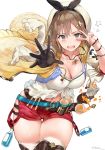  1girl :d atelier_(series) atelier_ryza bangs belt blue_belt blush breasts brown_eyes brown_gloves brown_hair buckle cleavage collarbone commentary cowboy_shot gloves hair_between_eyes hair_ornament hairclip hands_up hews_hack highres jacket jewelry large_breasts leather leather_belt leather_gloves liquid long_sleeves looking_at_viewer navel navel_cutout necklace o-ring_belt open_clothes open_jacket open_mouth outstretched_arm outstretched_hand red_shorts reisalin_stout round-bottom_flask shirt short_hair short_shorts shorts simple_background single_glove skindentation sleeveless_jacket smile solo spilling standing star star_necklace teeth thick_thighs thigh_gap thighhighs thighs twitter_username v v-shaped_eyebrows v_over_eye vial white_background white_headwear white_legwear white_shirt wind yellow_jacket 