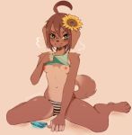  2019 anthro areola blue_eyes blush breasts brown_hair canid canine canis clothed clothing clothing_lift coffeechicken domestic_dog female flower flower_in_hair food hair kess_(coffeechicken) looking_at_viewer mammal nipples panties pattern_clothing pattern_underwear plant popsicle shirt shirt_lift short_hair simple_background small_breasts solo striped_clothing striped_panties striped_underwear stripes sunflower topwear underwear 