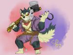  4:3 anthro axe black_fur black_sclera canid canine canis chain clothed clothing domestic_dog fur garmr hook male mammal mask melee_weapon multicolored_fur muscular muscular_male red_fur signature sonypanda tan_fur three_tone_fur tokyo_afterschool_summoners video_games weapon yellow_eyes 