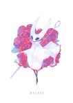  1girl absurdres bug character_name cloak flower fortisselle highres hollow_eyes hollow_knight hornet_(hollow_knight) horns insect needle no_humans red_flower red_rose rose simple_background solo weapon white_background white_cloak 