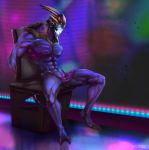  2019 alien ball_gag bdsm bondage bound chair epic_soul erection gag gagged looking_down male mass_effect muscular spread_legs spreading turian video_games 