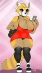  2019 aggressive_retsuko ailurid anthro big_breasts blush breasts cellphone cleavage cleavage_overflow clothed clothing digital_media_(artwork) dress female footwear hi_res holding_object holding_phone huge_breasts legwear mammal niis nipple_outline phone purse red_panda retsuko sanrio signature solo thick_thighs 