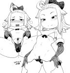  1girl ahoge ass_visible_through_thighs blush bow bravely_default:_flying_fairy bravely_default_(series) breasts breasts_outside censored commentary_request dated edea_lee elbow_gloves facing_viewer flipped_hair forehead gloves hair_bow heavy_breathing medium_hair monochrome mosaic_censoring multiple_views nipples panties pubic_hair pussy pussy_juice side-tie_panties sidelocks small_breasts smile solo_focus spread_legs standing strapless sweat tsukudani_(coke-buta) underwear undressing untied untied_panties 