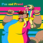  1:1 absurd_res brown_fur canid canine canis chest_tuft clothing domestic_cat domestic_dog duo eyes_closed felid feline felis female flag fur hi_res lgbt_pride mac-daddy_(artist) male mammal month open_mouth pansexual_pride_colors pride_colors shirt size_difference topwear tuft 
