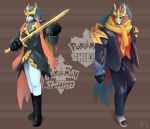  anthro blue_fur boots bottomwear canid canine clothed clothing duo footwear fur legendary_pok&eacute;mon m7 male mammal melee_weapon nintendo pok&eacute;mon pok&eacute;mon_(species) red_fur scaf shoes sword topwear video_games weapon zacian zamazenta 