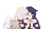  2girls :t animal_ears bangs black_capelet blue_eyes blue_hair blush bow bowtie braid breasts capelet cheek_kiss commentary doremy_sweet dress eyebrows_visible_through_hair feathered_wings food french_braid grey_jacket hair_between_eyes hamburger holding holding_food jacket jewelry kishin_sagume kiss long_hair long_sleeves looking_at_another medium_breasts multiple_girls no_hat no_headwear pom_pom_(clothes) profile purple_dress red_bow red_neckwear short_hair silver_hair simple_background single_wing tapir_ears touhou upper_body white_background white_dress white_wings wings yukome yuri 