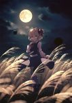  1girl arm_up black_skirt black_vest blonde_hair blurry bobby_socks cloud cloudy_sky cravat depth_of_field dise eyebrows_visible_through_hair finger_to_mouth full_moon hair_ribbon head_tilt highres leg_lift long_sleeves looking_at_viewer mary_janes moon night outdoors red_eyes red_footwear red_neckwear ribbon rumia scenery shirt shoes short_hair skirt sky socks solo standing standing_on_one_leg susuki_grass touhou vest white_legwear white_shirt wind wind_lift 