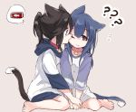 2girls ? animal_ears barefoot biting blue_eyes blue_hair brown_background brown_hair cat_day cat_ears cat_girl cat_tail cheek_biting closed_mouth collar commentary_request flying_sweatdrops hood hood_down hoodie long_hair multiple_girls one_eye_closed original ponytail print_shirt profile red_collar red_eyes shirt simple_background tail tail_raised tears thought_bubble white_hoodie white_shirt yuuyu_(777) 