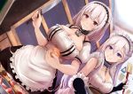  2girls anchor_choker apron azur_lane bangs belfast_(azur_lane) blue_eyes blush braid breasts chain choker cleavage collar collarbone commentary_request elbow_gloves eyebrows_visible_through_hair fingerless_gloves french_braid frilled_apron frilled_choker frilled_gloves frills gloves hair_between_eyes holding holding_knife indoors kanzaki_kureha kitchen kitchen_knife knife lace-trimmed_hairband large_breasts long_hair looking_at_another looking_at_viewer maid maid_apron maid_headdress multiple_girls parted_lips puffy_sleeves red_eyes short_hair short_sleeves side_braid sidelocks silver_hair sirius_(azur_lane) smile waist_apron white_apron white_gloves white_hair 