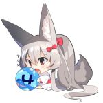  1girl :d animal_ear_fluff animal_ears ball bangs barefoot blush bow chibi commentary_request eyebrows_visible_through_hair fox_ears fox_girl fox_tail full_body grey_hair hair_between_eyes hair_bow high_ponytail japanese_clothes kimono long_hair long_sleeves obi open_mouth original patches ponytail red_bow red_eyes sash simple_background smile solo tail translation_request transparent very_long_hair white_background white_kimono wide_sleeves yuuji_(yukimimi) 