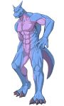  3:5 4_toes abs aomura_saki_(pixiv) biceps blue_body dragon full-length_portrait male mature_male muscular muscular_male nude pecs portrait purple_body quads simple_background solo toes two_tone_body white_background wingless_dragon 