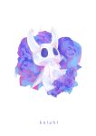  1other absurdres blade blue_flower blue_rose bug character_name cloak flower fortisselle highres hollow_eyes hollow_knight knight_(hollow_knight) rose solo white_background 