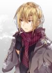  1boy abel_(shiro_seijo_to_kuro_bokushi) blonde_hair coat fang gloves kazutake_hazano long_hair male_focus purple_eyes scarf shiro_seijo_to_kuro_bokushi solo 