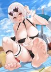  1girl :d azur_lane bare_shoulders barefoot basket beach bikini black_bikini blue_sky breasts cleavage commentary_request day eyewear_on_head highres large_breasts looking_at_viewer open_mouth red_eyes short_hair sirius_(azur_lane) sitting sky smile solo sunglasses swimsuit turret white_hair yappen 